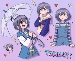 1girl bang_dream! bang_dream!_it&#039;s_mygo!!!!! blue_hoodie blue_jacket blue_overalls eggtempest hood hoodie jacket long_sleeves looking_at_viewer official_alternate_costume overalls purple_background purple_eyes purple_hair short_hair smile solo takamatsu_tomori umbrella