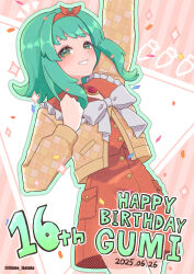 1girl a.i._voice absurdres argyle_cardigan argyle_clothes arm_up artist_name black_choker blush bow bow_hairband cardigan carrot chime_ikatako choker confetti frills green_eyes green_hair gumi gumi_(a.i._voice) hairband happy_birthday headband highres long_sleeves looking_at_viewer open_mouth orange_hairband orange_headband orange_skirt shirt short_hair_with_long_locks simple_background skirt smile solo vocaloid white_bow yellow_cardigan
