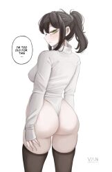 Rule 34 | 1girl, ass, black hair, black thighhighs, breasts, closed mouth, commentary, cropped legs, english commentary, english text, green eyes, hair tie, heattech leotard, highres, large breasts, leotard, long hair, long sleeves, looking at viewer, looking back, mature female, ponytail, renee graves, sidelocks, simple background, solo, speech bubble, standing, the coffin of andy and leyley, thighhighs, thong leotard, turtleneck, vaniste, white background, white leotard