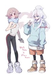 2girls artist_name atra_mixta blue_eyes breasts brown_hair cosplay costume_switch crossover deux_murasame full_body gundam gundam_gquuuuuux gundam_tekketsu_no_orphans highres jacket kanemoto_hisako long_hair long_sleeves medium_hair multiple_girls red_eyes scarf small_breasts standing translation_request twitter_username voice_actor_connection white_background white_hair ykhrotto