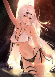1girl arm_up between_breasts bikini black_bikini breasts halterneck highres large_breasts long_hair looking_at_viewer mismatched_bikini navel necklace_between_breasts ocean outdoors parted_lips shore side-tie_bikini_bottom smile solo swimsuit thigh_strap torjun_111 white_bikini white_hair yellow_eyes yin_yang_pin yixuan_(zenless_zone_zero) zenless_zone_zero
