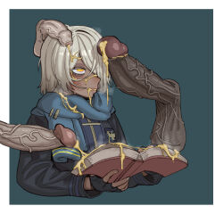 Rule 34 | 1girl, 3boys, absurdres, after ejaculation, black gloves, black jacket, blue background, blue scarf, blush, book, breasts, bukkake, commentary, cum, cum in mouth, cum on body, dark-skinned female, dark skin, ebonyxh, english commentary, erection, eyes visible through hair, facial, fingerless gloves, floating, foreskin, freckles, gloves, hair over one eye, hetero, highres, hogwarts legacy, holding, holding book, jacket, large penis, long sleeves, multiple boys, open book, open mouth, penis, phimosis, protagonist (hogwarts legacy), ringed eyes, rolling eyes, scar, scar on neck, scarf, short hair, simple background, small breasts, small penis, smegma, solaria (ebonyxh), steaming body, stray pubic hair, sweat, testicles, uncensored, veins, veiny penis, white background, white hair, wizarding world, yellow eyes
