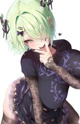 1girl absurdres arm_between_breasts between_breasts black_nails black_ribbon black_shirt black_skirt black_thighhighs breasts ceres_fauna ceres_fauna_(goth) commentary cunnilingus_gesture ear_bar ear_piercing english_commentary fingernails flower goth_fashion green_hair hair_branch hair_flower hair_intakes hair_ornament hair_over_one_eye highres hololive hololive_english large_breasts layered_skirt long_sleeves looking_at_viewer nail_polish official_alternate_costume official_alternate_hairstyle piercing prab print_shirt ribbon shirt short_hair simple_background skindentation skirt solo teeth thighhighs tongue tongue_out tongue_piercing unaligned_breasts upper_teeth_only v v_over_mouth virtual_youtuber white_background yellow_eyes
