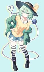 Rule 34 | 1girl, absurdres, alternate costume, black boots, black hat, black thighhighs, blue shorts, boots, bow, bra strap, collarbone, commentary request, contemporary, denim, denim shorts, eyeball, full body, green background, green eyes, green hair, green jacket, hair between eyes, hat, hat bow, hat ribbon, heart, heart of string, highres, jacket, jewelry, koishi day, komeiji koishi, lace-up boots, long sleeves, looking at viewer, medium hair, necklace, open clothes, open jacket, outline, pendant, pioartstuff, ribbon, shirt, shorts, solo, standing, striped clothes, striped thighhighs, thighhighs, third eye, touhou, white thighhighs, yellow bow, yellow outline, yellow ribbon, yellow shirt