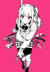 1other akiyama_mizuki arm_behind_back bow bowtie cardigan chinese_commentary closed_mouth collared_shirt commentary_request eyebrows_hidden_by_hair from_above full_body greyscale_with_colored_background hair_bow hair_ornament heart heart_hair_ornament high_contrast highres holding holding_scissors kamiyama_high_school_uniform_(project_sekai) laylayhappy loafers long_hair long_sleeves looking_at_viewer miniskirt other_focus pink_background pink_eyes plaid_clothes plaid_skirt pleated_skirt project_sekai raised_inner_eyebrows ruler school_uniform scissors shippaisaku_shoujo_(vocaloid) shirt shoes side_ponytail sidelocks simple_background skirt smile solo spot_color striped_bow swept_bangs thighhighs zettai_ryouiki