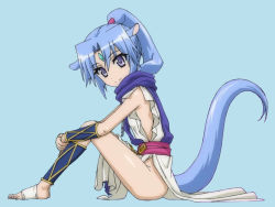 Rule 34 | 10s, 1girl, animal ears, anime screenshot, bad id, bad pixiv id, barefoot, blue eyes, blue hair, bracer, dog days, feet, female focus, forehead jewel, from side, full body, horse ears, horse girl, legs, long hair, long tail, matching hair/eyes, no panties, ponytail, scarf, sharu (dog days), side slit, sitting, smile, solo, tabard, tail, toeless legwear, toes