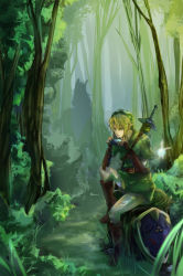 1boy belt epona fairy forest hylian_shield instrument link male_focus master_sword miyukiko nature navi nintendo ocarina shield silhouette solo sword sword_on_back the_legend_of_zelda weapon weapon_on_back