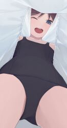 1girl ;d black_one-piece_swimsuit blue_eyes brown_hair clothes_lift collarbone from_below highres hiroki_(yyqw7151) lifting_own_clothes looking_at_viewer one-piece_swimsuit one_eye_closed open_mouth original school_swimsuit shirt shirt_lift smile solo swimsuit teeth upper_teeth_only upshirt white_shirt