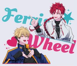2boys :d black_hair black_shirt blonde_hair blue_jacket blush bracelet braid braided_ponytail chinese_knot collared_shirt ear_piercing earrings english_text fangs hair_between_eyes hand_up hands_on_own_chest heart highres jacket jewelry long_hair long_sleeves looking_at_another male_focus multicolored_hair multicolored_jacket multiple_boys necklace open_mouth orange_eyes piercing pointing pomp0727 red_eyes red_hair shiguang_dailiren shirt short_hair simple_background single_braid single_earring sleeves_past_wrists smile sparkle star_(symbol) tassel tassel_earrings teeth turtleneck twitter_username two-tone_hair upper_body watermark white_shirt xia_fei xiao_weiying yaoi zipper