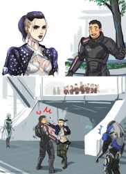 alien blush commander_shepard commander_shepard_(male) dakkun39 edi_(mass_effect) excited garrus_vakarian highres jack_(mass_effect) mass_effect_(series) ponytail punching robot tumblr turian