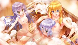 1boy 2girls :d barefoot bath bathing bathtub blonde_hair blue_eyes blush breasts breasts_squeezed_together from_above game_cg grey_hair hayakawa_harui highres hirohara_honoka large_breasts long_hair looking_at_viewer mixed-sex_bathing multiple_girls navel nipples nude open_mouth partially_submerged pink_hair shared_bathing short_hair shoujo_shin&#039;iki_shoujo_tengoku small_breasts smile takagi_sana water yellow_eyes