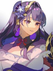1girl alternate_hairstyle armor blue_pupils blunt_bangs bridal_gauntlets clothing_cutout eyeliner fan_hair_ornament flower gannai_0126 genshin_impact gradient_background hair_flower hair_intakes hair_ornament hashtag-only_commentary head_tilt highres japanese_clothes kimono long_hair looking_down looking_to_the_side makeup mole mole_under_eye multicolored_eyes multicolored_hair neck_ribbon off_shoulder parted_lips purple_eyes purple_flower purple_hair purple_kimono raiden_shogun red_eyeliner red_ribbon ribbon sash shade shoulder_armor shoulder_cutout simple_background solo standing upper_body white_background