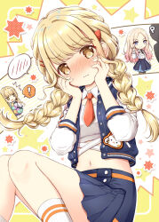Rule 34 | !, 1other, 2girls, ^^^, backpack, bag, black necktie, black skirt, blazer, blonde hair, blue eyes, blue jacket, blue skirt, blush, braid, breasts, brown eyes, brown pantyhose, chibi, closed mouth, commentary request, forehead, fujita kotone, gakuen idolmaster, gradient hair, hair over shoulder, hands on own face, hands up, highres, idolmaster, jacket, juo sena, knees together feet apart, long hair, low twintails, midriff, multicolored hair, multiple girls, nanase miori, navel, necktie, nose blush, open clothes, open jacket, p-head producer, pantyhose, pink hair, pleated skirt, producer (idolmaster), red necktie, school uniform, shirt, short necktie, skirt, small breasts, socks, spoken blush, spoken exclamation mark, twin braids, twintails, very long hair, wavy mouth, white jacket, white socks, yellow shirt