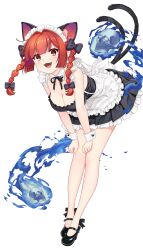 1girl alternate_costume animal_ears bent_over black_bow black_dress blush bow braid breasts brown_eyes cat_ears cat_girl cat_tail cleavage commentary detached_collar dress enmaided hair_bow hands_on_own_knees hataraki_kuma highres kaenbyou_rin large_breasts long_hair looking_at_viewer maid maid_headdress multiple_tails open_mouth orange_hair short_dress simple_background smile solo strapless strapless_dress tail touhou twin_braids white_background