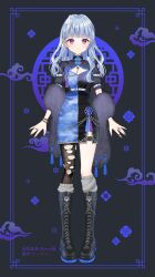 Rule 34 | 1girl, black background, black boots, black dress, black pantyhose, blue dress, boots, breasts, busou kanojo, china dress, chinese clothes, cleavage, closed mouth, commentary request, cropped jacket, dress, fang, fang out, full body, grey hair, grey socks, hair ornament, hairclip, highres, horns, kneehighs, lace-up boots, long hair, medium breasts, myusha, nenemaru (busou kanojo), pantyhose, pigeon-toed, pointy ears, puffy short sleeves, puffy sleeves, red eyes, short sleeves, single horn, single leg pantyhose, socks, solo, standing, torn clothes, torn pantyhose, virtual youtuber, x hair ornament