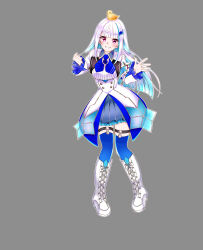 1girl absurdres animal animal_on_head armband bird bird_on_head blue_armband blue_hair blue_neckerchief blue_skirt blue_thighhighs blunt_bangs blush boots buttons collared_shrug colored_inner_hair commentary_request double-breasted frilled_skirt frilled_sleeves frills full_body grey_background grin hair_ornament hands_up high-waist_skirt highres knee_boots lace-up_boots layered_skirt legwear_garter lize_helesta lize_helesta_(1st_costume) long_hair long_sidelocks long_sleeves looking_at_viewer miniskirt monocle multicolored_hair neckerchief nijisanji on_head outline pleated_skirt purple_eyes ribbed_shirt sebastian_piyodore shigure_(sigre) shirt shirt_tucked_in shrug_(clothing) sidelocks simple_background skirt smile standing streaked_hair thighhighs two-tone_hair very_long_hair virtual_youtuber white_boots white_hair white_outline white_shirt white_shrug white_skirt yellow_bird zettai_ryouiki