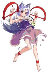 1girl animal_ears anklet barefoot bear_trap dairi dog_ears dog_tail frilled_skirt frills from_side full_body grey_hair hands_up jewelry large_variant_set looking_ahead mitsugashira_enoko multicolored_hair multiple_tails open_mouth pink_skirt purple_hair purple_shirt red_eyes shirt short_hair skirt solo streaked_hair sweatdrop tachi-e tail touhou transparent_background variant_set white_hair