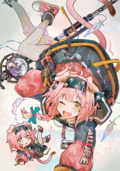Rule 34 | 1girl, ;d, absurdres, animal ears, arknights, black hairband, bracelet, breasts, chibi, commentary, english commentary, fang, floppy ears, goldenglow (arknights), hair ornament, hairband, highres, id card, infection monitor (arknights), jacket, jewelry, kanshio, lanyard, looking at viewer, multiple views, one eye closed, open mouth, pink hair, pink tail, puffy sleeves, shoes, skin fang, smile, sneakers, staff, tail, thighhighs, upside-down, yellow eyes