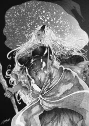 abs artist_name breasts dark-skinned_female dark_skin elden_ring elden_ring_nightreign fantasy greyscale greyvolg hat highres holding holding_staff large_breasts large_hat long_hair mage_staff monochrome recluse_(elden_ring) robe shaded_face signature staff tagme tight_clothes white_hair witch witch_hat