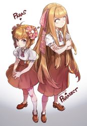 2girls arrow_(symbol) blonde_hair blunt_bangs character_name collared_shirt crossed_arms evolutionary_line gen_1_pokemon hair_ornament hair_ribbon high-waist_skirt legs_apart long_hair looking_at_viewer multiple_girls nintendo oollnoxlloo paras parasect personification pink_ribbon pleated_skirt pokemon puffy_short_sleeves puffy_sleeves red_footwear red_skirt ribbon shirt shoes short_hair short_sleeves signature skirt socks standing twitter_username very_long_hair white_background white_legwear white_shirt
