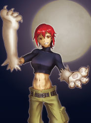 1girl abs babydoll_t-shirt baggy_pants belt bottomless cargo_pants crop_top green_pants grin groin highres impossible_pants kaibutsu_oujo loose_pants lowleg lowleg_pants midriff moon navel no_panties orange_eyes pants red_hair riza_wildman sagging_pants smile uma!