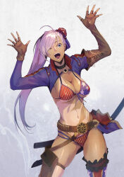 Rule 34 | 1girl, american flag, american flag bikini, american flag print, bikini, breasts, cleavage, dark-skinned female, dark skin, fate/grand order, fate (series), flag print, flag print bikini, gloves, kikken, miyamoto musashi (fate), miyamoto musashi (fate/grand order), miyamoto musashi (swimsuit berserker) (fate), miyamoto musashi (swimsuit berserker) (second ascension) (fate), navel, print bikini, smile, swimsuit, tagme, tan, tanline