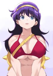 1girl asamiya_athena bikini breast_press breasts cleavage coveredcore female_focus gold hairband highres large_breasts long_hair nemo pale_skin princess_athena purple_hair red_bikini snk_heroines:_tag_team_frenzy solo standing swimsuit the_king_of_fighters themanyoukilled wide_hips