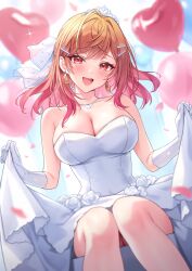 1girl alternate_costume balloon bare_shoulders blurry blush breasts cleavage crown depth_of_field dress dress_flower earrings elbow_gloves falling_petals flower gloves gradient_hair hair_ornament heart_balloon highres holika_baby hololive hololive_dev_is ichijou_ririka jewelry large_breasts long_hair looking_at_viewer multicolored_hair necklace open_mouth orange_hair petals pink_petals red_eyes red_hair rose skirt_hold smile solo strapless strapless_dress thighs virtual_youtuber white_dress white_flower white_gloves white_rose