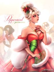 2boys 4girls absurdres aegyo_sal artist_name bare_arms bare_shoulders black_hair blonde_hair blurry bow bracelet breasts character_name cleavage collarbone commentary cowboy_shot curtained_hair dark-skinned_female dark_skin depth_of_field dress dress_bow earrings english_commentary eyelashes flower from_side fur_jacket gem green_bow green_eyes hair_bun hair_flower hair_ornament hand_fan hand_on_own_chest hand_up highres holding holding_fan jacket jacket_partially_removed jewelry large_breasts leaf light_particles lips looking_to_the_side marellowe multiple_boys multiple_girls nail_polish necklace off-shoulder_dress off_shoulder pearl_necklace peppermint_princess red_dress red_gemstone red_nails roblox rose royale_high short_hair single_hair_bun solo_focus standing white_dress white_flower white_jacket white_rose