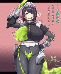 1girl absurdres black_hair body_modification breasts colored_inner_hair corruption crystal_sword drooling ellen_joe ethereal_(zenless_zone_zero) fins fish_tail frilled_wristband hair_ornament half-closed_eyes herutsuheimuu highres large_breasts looking_at_viewer looking_up maid_headdress metal_hairband mind_control mole mole_under_eye monsterification multicolored_hair one_breast_out open_mouth red_eyes red_hair salute shark_girl shark_tail short_hair smile solo spiked_headband sword tail torn_clothes transformation translation_request two-tone_hair weapon zenless_zone_zero