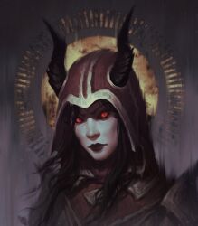 armor black_hair black_horns black_lips black_sclera breastplate character_request chinese_commentary closed_mouth colored_sclera commentary commentary_request demon_horns english_commentary fnsilvicot full_armor grey_background hair_over_shoulder helm helmet highres horns horns_through_headwear lipstick long_hair looking_at_viewer makeup mixed-language_commentary pale_skin pauldrons realistic red_eyes red_helmet shoulder_armor sun the_elder_scrolls the_elder_scrolls_online