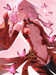 1girl absurdres bare_shoulders black_thighhighs breasts bug butterfly center_opening chinese_commentary cleavage commentary_request cowboy_shot dated detached_sleeves elbow_gloves fingerless_gloves floating_hair gloves guilty_crown hair_between_eyes hair_ornament hair_tubes hairclip hand_on_own_stomach highres insect leotard long_hair looking_at_animal medium_breasts navel no_hair_ornament open_mouth pink_butterfly pink_hair red_eyes red_leotard red_sheet sanshiro_(sanbai626) signature solo teeth thighhighs twintails upper_teeth_only yuzuriha_inori