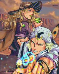 2boys aqua_eyes aqua_lips aqua_nails artist_name bandana blonde_hair blue_sky brown_hat canyon closed_mouth cloud cloudy_sky commentary english_commentary from_side green_eyes green_lips gyro_zeppeli half-closed_eyes hat heart_ornament henoopd highres holding horseshoe_ornament johnny_joestar jojo_no_kimyou_na_bouken light_particles long_hair looking_at_viewer looking_back male_focus multiple_boys muscular muscular_male outdoors parted_lips purple_shirt shirt short_hair sky steel_ball_run sunset upper_body white_bandana