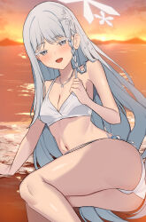 Rule 34 | 1girl, absurdres, bare arms, bare shoulders, bikini, blue archive, blush, braid, breasts, cleavage, highres, looking at viewer, lying, mi taro333, nagusa (blue archive), nagusa (swimsuit) (blue archive), navel, ocean, official alternate costume, official alternate hairstyle, on side, open mouth, single braid, solo, sunset, swimsuit, white bikini, white eyes, white hair