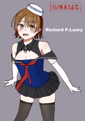 1girl artist_logo artist_name black_sailor_collar black_skirt black_thighhighs blue_shirt breasts brown_eyes brown_hair character_name cleavage cowboy_shot dixie_cup_hat elbow_gloves flipped_hair gloves grey_background hat highres ishida_arata kantai_collection leaning_forward logo military_hat neckerchief off-shoulder_shirt off_shoulder red_neckerchief richard_p._leary_(kancolle) sailor_collar sailor_shirt shirt short_hair simple_background skirt small_breasts solo thighhighs white_gloves white_hat