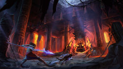 1boy 1girl chain chinnkun dog facing_viewer fantasy fire from_behind holding holding_polearm holding_weapon landscape lava magic original painterly polearm ruins sitting spear standing tribal volcano weapon