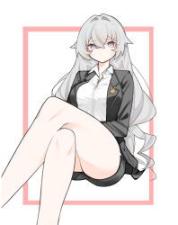 1girl absurdres bare_legs black_skirt black_vest breasts bronya_zaychik bronya_zaychik_(silverwing:_n-ex) collared_shirt commentary crossed_legs error1980 formal_clothes grey_eyes grey_hair highres homu_(honkai_impact) honkai_(series) honkai_impact_3rd large_breasts legs long_hair office_lady shirt simple_background sitting skirt solo suit vest white_background white_shirt