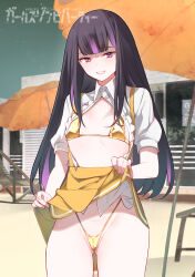 Rule 34 | 1girl, absurdres, bikini, black hair, blunt bangs, breasts, breasts out, clothes lift, collared shirt, colored tips, commentary request, copyright name, cowboy shot, dot nose, double-parted bangs, eyebrows hidden by hair, girls zombie party, gluteal fold, gold bikini, grin, half-closed eyes, high-waist skirt, high collar, highleg, highleg bikini, highres, kojima takeshi, lifting own clothes, long hair, long sidelocks, looking at viewer, micro bikini, multicolored hair, open clothes, open shirt, original, outdoors, partially unbuttoned, purple eyes, purple hair, raised inner eyebrows, shirt, shirt tucked in, short sleeves, sidelocks, skirt, skirt lift, small breasts, smile, straight-on, straight hair, streaked hair, string bikini, suspender skirt, suspenders, swimsuit, thick eyelashes, thighs, thong bikini, white shirt, yellow skirt