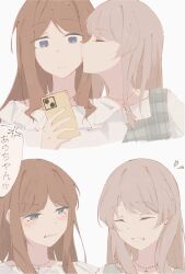 Rule 34 | 2girls, anger vein, bang dream!, bang dream! it&#039;s mygo!!!!!, blush, brown hair, chihaya anon, clenched teeth, closed eyes, commentary request, fang, jewelry, kiss, kissing cheek, long hair, maa-chan (sima), multiple girls, nagasaki soyo, necklace, pink hair, shirt, sidelocks, spoken anger vein, teeth, translated, white shirt, yuri