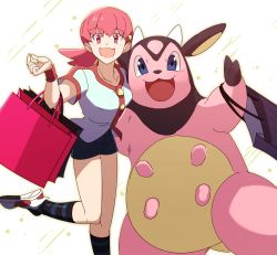 1girl :d bag buttons collarbone commentary_request creatures_(company) eyelashes game_freak gen_2_pokemon gym_leader hand_up highres leg_up long_hair looking_at_viewer miltank morio_(poke_orio) nintendo open_mouth pink_bag pink_eyes pink_hair pokemon pokemon_(creature) pokemon_hgss shoes short_sleeves shorts smile socks striped_clothes striped_legwear striped_socks twintails white_footwear whitney_(pokemon) wristband