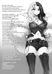 1girl absurdres angry arm_tattoo baguette_man bracelet breasts choker cleavage english_text forehead frown gloves goddess_of_victory:_nikke gradient_background hands_on_own_hips highres jewelry korean_commentary large_breasts long_hair looking_at_viewer midriff mixed-language_commentary monochrome multicolored_hair navel paid_reward_available rosanna_(nikke) shirt short_shorts shorts simple_background split-color_hair standing stomach_tattoo tattoo thighhighs white_background