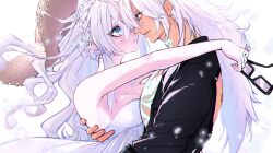 Rule 34 | 1boy, 1girl, arm around waist, backless outfit, bare shoulders, blue eyes, blush, braid, breasts, cleavage, crown braid, dress, earrings, eyelashes, fate (series), genmai (crowcrowclown), glowing scar, green eyes, hair between eyes, hat, hetero, highres, holding, holding removed eyewear, husband and wife, jewelry, kriemhild (fate), long hair, looking at another, parted lips, sidelocks, siegfried (fate), siegfried (super cool biz) (fate), strapless, strapless dress, sun hat, unworn eyewear, upper body, white background, white dress, white hair