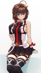 1girl ahoge arthur_ko asymmetrical_gloves belt black_gloves black_skirt black_thighhighs blue_eyes braid breasts brown_hair chest_harness fingerless_gloves gloves hair_flaps hair_over_shoulder harness highres kantai_collection long_hair medium_breasts miniskirt mismatched_gloves necktie pleated_skirt red_necktie shigure_(kancolle) shigure_kai_san_(kancolle) shirt single_braid sitting skirt sleeveless sleeveless_shirt solo thighhighs two-tone_shirt white_belt