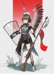 1girl absurdres armor bike_shorts black_boots black_shorts boots breastplate brown_eyes brown_hair closed_mouth commentary english_commentary fake_wings full_body gloves grey_background gun headphones headset highres holding holding_gun holding_shield holding_weapon hussar klottinen looking_at_viewer original puffy_short_sleeves puffy_sleeves shield short_sleeves shorts solo standing thighhighs thighhighs_under_boots v-shaped_eyebrows weapon weapon_request white_gloves white_thighhighs wings