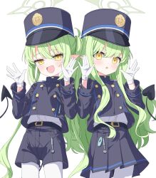 2girls blue_archive commentary_request demon_tail fang gloves green_hair green_halo halo hat highres hikari_(blue_archive) long_hair long_sidelocks looking_at_viewer multiple_girls nozomi_(blue_archive) open_mouth pantyhose pointy_ears seero shorts siblings sidelocks simple_background sisters skin_fang smile tail twins white_background white_gloves white_pantyhose yellow_eyes