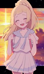 1girl backpack bag blonde_hair blush closed_eyes cowboy_shot high_ponytail lillie_(pokemon) long_hair nintendo open_mouth pleated_skirt pokemon pokemon_sm ponytail shirt short_sleeves skirt solo teeth twilight upper_teeth_only wascoon white_shirt white_skirt