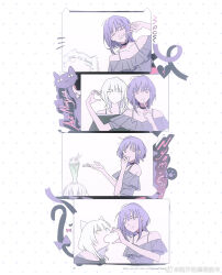 2girls animal_ears bang_dream! bang_dream!_it&#039;s_mygo!!!!! black_choker black_shirt blue_eyes cat_ears chinese_commentary choker commentary_request frilled_shirt frills grey_shirt half-heart_hands highres kaname_raana kemonomimi_mode multiple_girls off-shoulder_shirt off_shoulder one_eye_closed open_mouth pink_eyes purple_hair raana_the_cat reiboubyou shirt short_hair white_hair yellow_eyes yuutenji_nyamu
