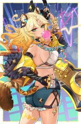 1girl absurdres animal_ears blonde_hair blowing_bubbles breasts denim denim_shorts dj floating_hair genshin_impact green_eyes hand_on_own_hip headphones highres holding holding_headphones jaguar_ears jaguar_girl jaguar_tail jewelry looking_at_viewer medium_hair minausa multicolored_hair multiple_rings nail_polish parted_lips ring shorts sideboob solo stage_lights standing tail xilonen_(genshin_impact)