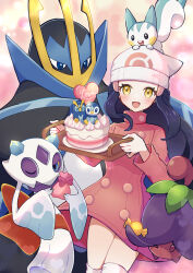 1girl :d absurdres beanie black_hair blush cake cherrim cherrim_(overcast) coat commentary_request dawn_(pokemon) empoleon eyelashes food froslass gen_4_pokemon hands_up haru_(haruxxe) hat highres holding holding_tray long_hair long_sleeves nintendo on_head open_mouth pachirisu pokemon pokemon_(creature) pokemon_adventures pokemon_on_head prinplup smile themed_object thighhighs tray white_headwear yellow_eyes
