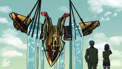 1boy 1girl aircraft airplane black_skirt blazer challia_bull cloud cloudy_sky comoli_harcourt crossover fighter_jet green_jacket green_pants grey_hair grey_thighhighs gundam gundam_gquuuuuux guts_wing highres is_this_the_rose_of_sharon?_(meme) jacket meme military_vehicle pants science_fiction shafuu_(arrowww12ga) short_hair signature skirt sky thighhighs ultra_series ultraman_tiga_(series) water
